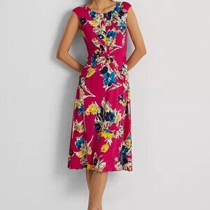 Lauren Ralph Lauren Plus Pink Floral Twist-Front Midi Dress Women's Size 16